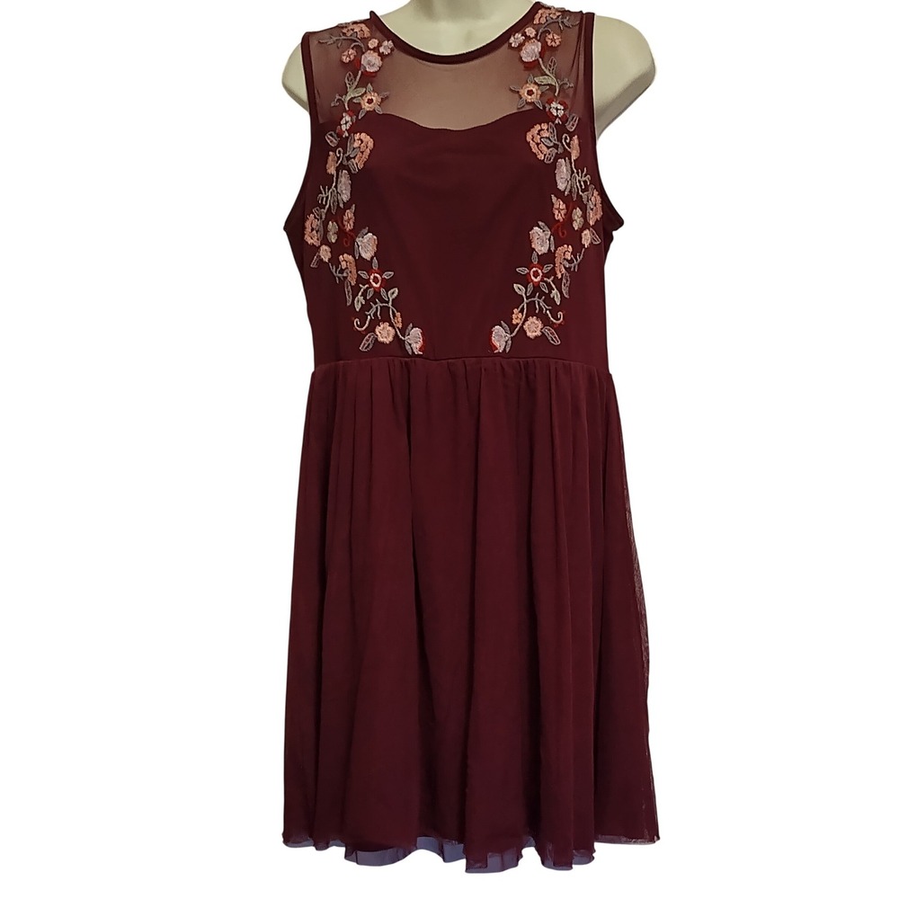 WomenS Burgundy Maroon Mesh Floral Embroidered Dress Flare Sleeveless Zip